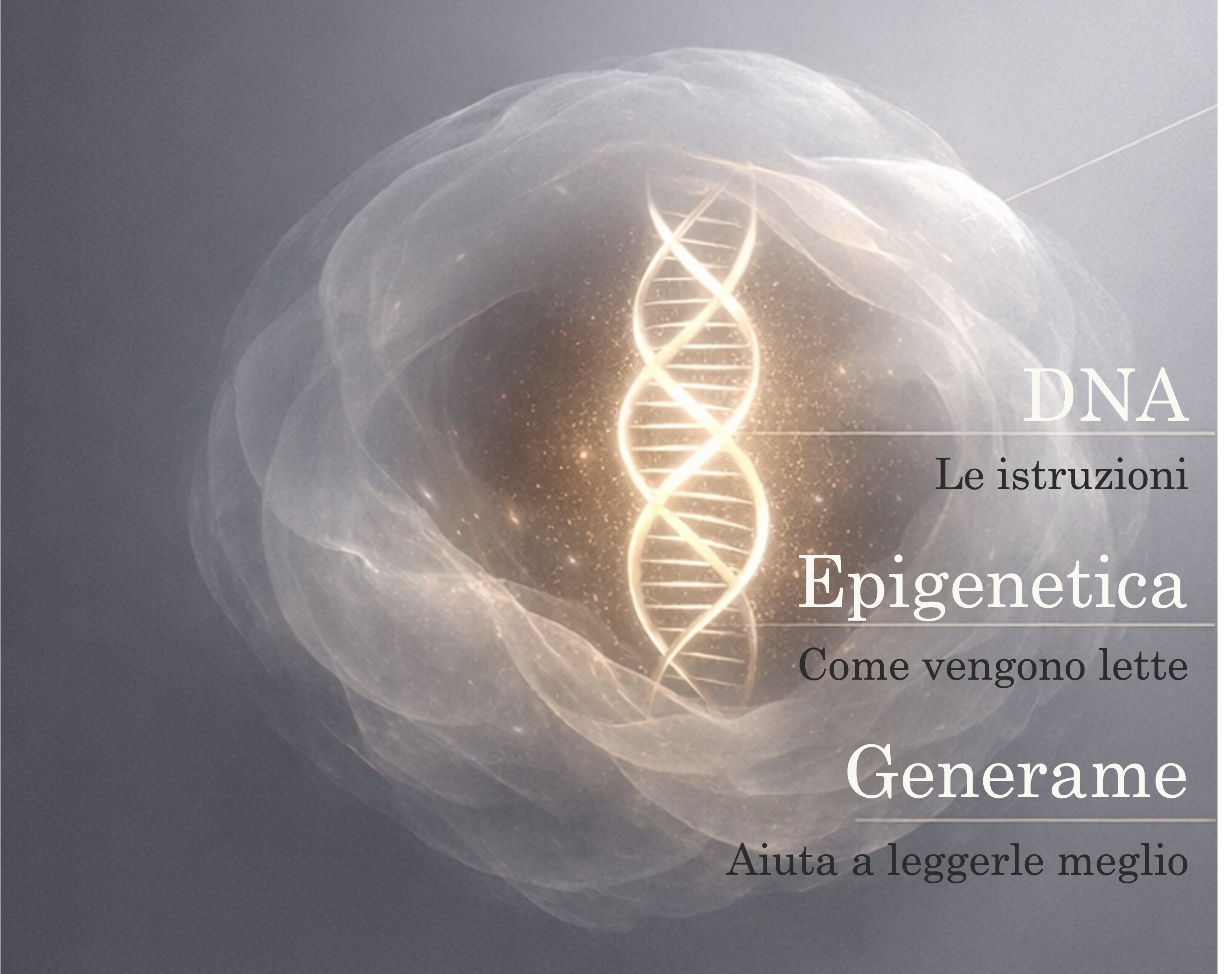 DNA = Le istruzioni, Epigenetica = Come vengono lette, Generame = Aiuta a leggerle meglio